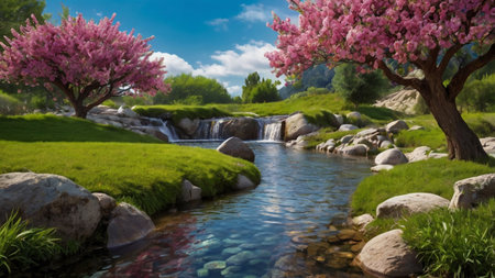 Beautiful spring landscape with a waterfall and a blooming tree.の写真素材