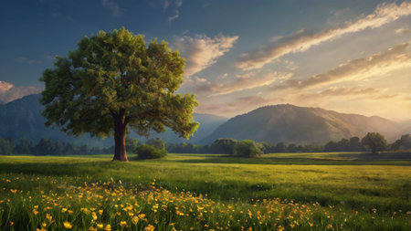 Beautiful summer landscape with big tree in meadow and mountains at sunsetの写真素材