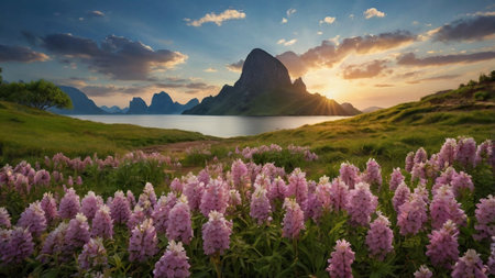 Beautiful summer landscape with pink lupine flowers and mountain peaks at sunsetの写真素材