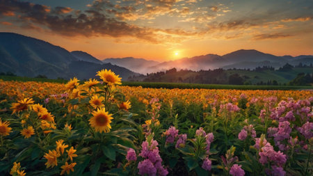 Sunflower field in the morning with mountains in the background at sunsetの写真素材