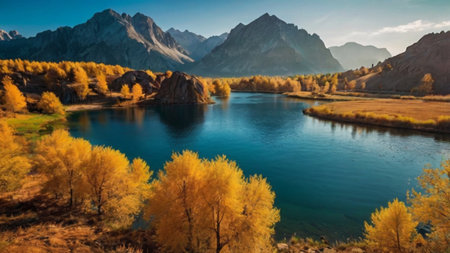 panoramic view of autumn alpine landscape with mountain lake and forestの写真素材