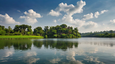 Panoramic view of a lake with trees and clouds in the backgroundの写真素材