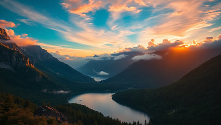 Panoramic view of the mountain lake at sunset. Summer landscape.の写真素材
