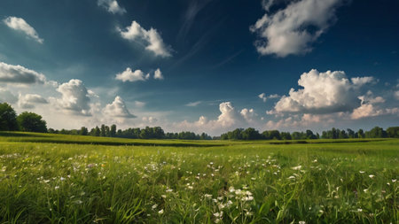 Green meadow under blue sky with white clouds. Summer landscape.