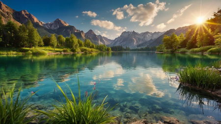 Panoramic view of alpine lake in Dolomites, Italyの写真素材