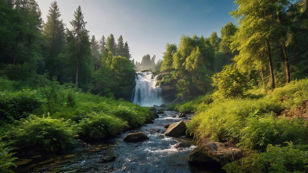 Waterfall in the forest. Beautiful summer landscape with waterfalls.の写真素材