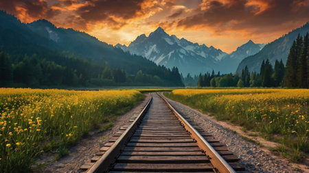 Railway track leading to the mountains at sunset. Landscape with yellow rapeseed flowers.の写真素材