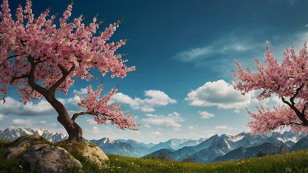 Beautiful spring landscape with blossoming cherry tree against the background of mountainsの写真素材