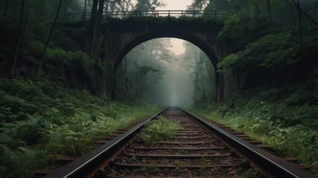 Railway in misty forest, 3d render. Railway in fogの写真素材