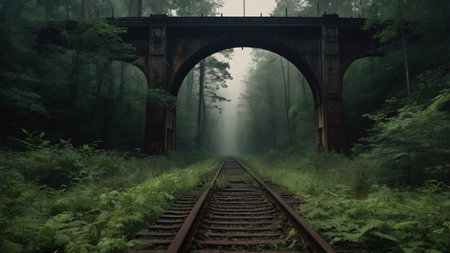 Railway bridge in the misty woods. 3d rendering.