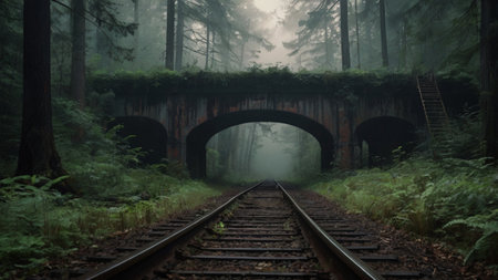 Railway in the misty forest with a bridge in the backgroundの写真素材