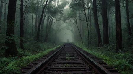 Railway in a foggy forest with a light at the end