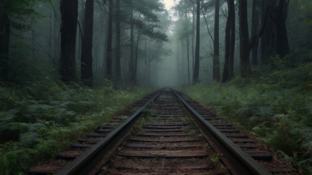 Railway in the misty forest at sunrise. Traveling conceptの写真素材