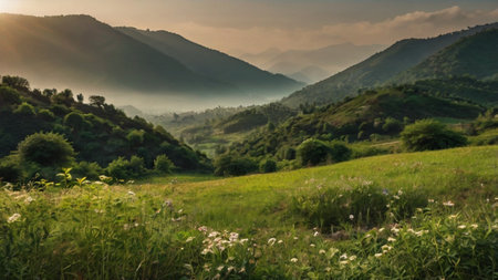 Mountain landscape in the morning light. Beautiful nature scenery with green grass and flowers.の写真素材