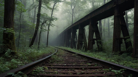 Railway bridge in the misty forest. Retro style photo.