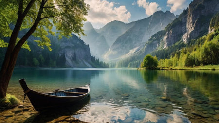 Boat on the shore of Lake braies in south tyrolの写真素材