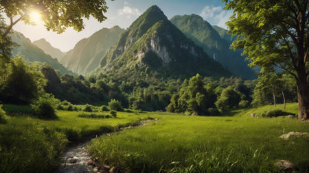 Mountain landscape with green meadow and river in summer morning.の写真素材