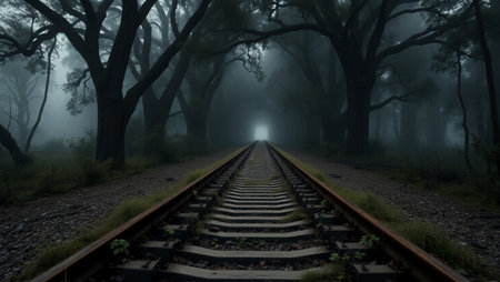 Railway tracks in a mysterious foggy forest, 3d render