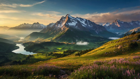 Panoramic view of alpine lake and mountain peaks in the morning. Switzerland