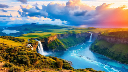 Famous Skogafoss waterfall in Iceland at sunset. Beautiful summer landscapeの写真素材