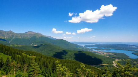 Mountain landscape with lake and forest on a background of blue skyの写真素材