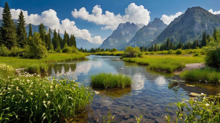 Panoramic view of a mountain river in the mountains. Summer landscape.