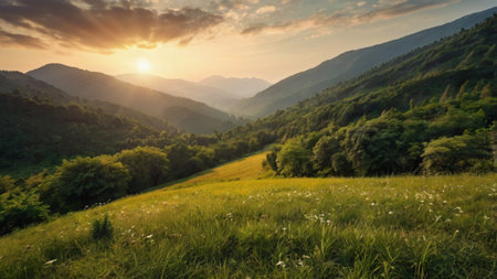 Beautiful summer landscape in mountains at sunset. Carpathian, Ukraineの写真素材