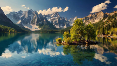 Beautiful alpine lake with reflection of mountains in the water.の写真素材