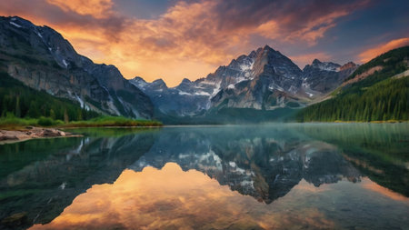 Beautiful alpine lake with reflection of mountains and clouds at sunsetの写真素材