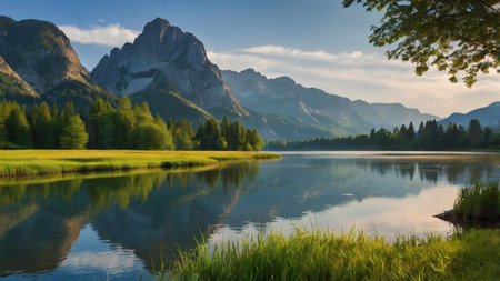 Landscape view of lake in Dolomites mountains, Italy.