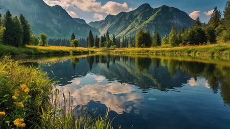 Panoramic view of alpine lake with reflection in the waterの写真素材