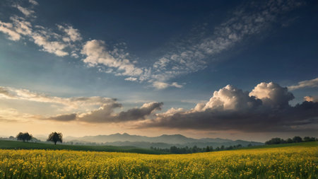 Sunset over the meadow with yellow flowers and mountains in the backgroundの写真素材