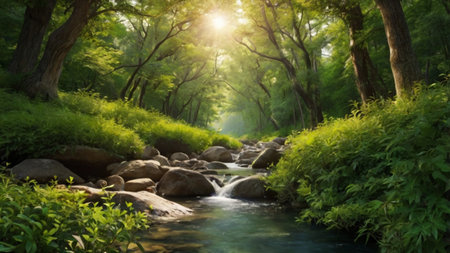 Mountain stream in the forest. Beautiful natural landscape in summer.