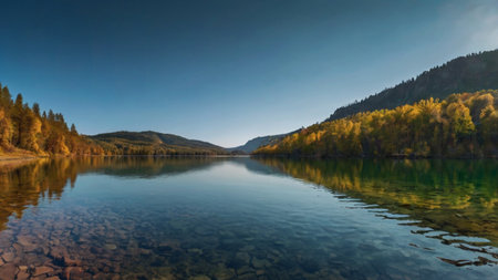 Panoramic view of the lake in the autumn. Mountain landscape.の写真素材