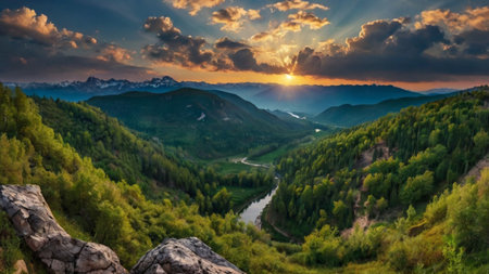 Panoramic view of the mountains and the river in the valley at sunsetの写真素材
