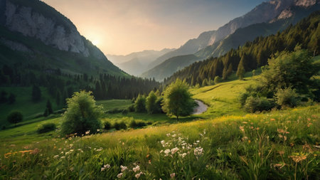 Panoramic view of alpine meadow with wildflowers at sunset