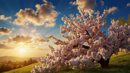 Beautiful spring landscape with blooming tree and sunset in the mountains