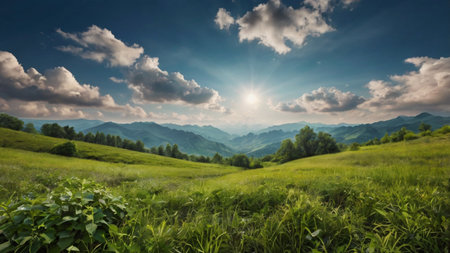 Summer landscape in the mountains. Green meadow and blue sky with cloudsの写真素材