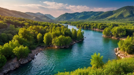 Aerial view of the turquoise Katun river in the Altai mountains.の写真素材