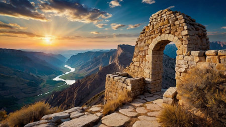 Panoramic view of the Great Wall of China at sunset.の写真素材