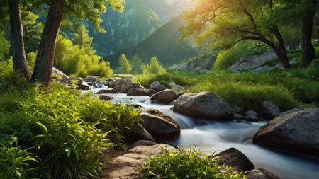 Mountain stream in the forest. Mountain river landscape. Mountain river