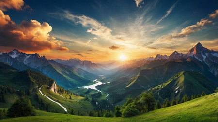 Mountain landscape at sunset. Panoramic view of the valley and the river.
