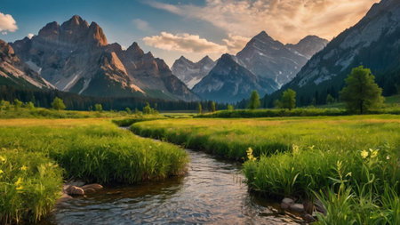 Panoramic view of the valley in the mountains at sunset.の写真素材