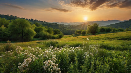 Beautiful sunset in the mountains. Landscape with green grass and flowers.