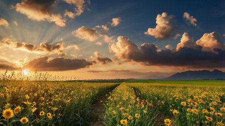 Sunset over a field of sunflowers and mountains in the background