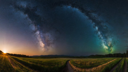 Milky way over the field and road at night, panorama