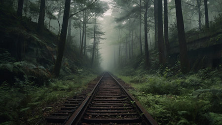 Railway tracks in the misty forest, with a low angle viewの写真素材