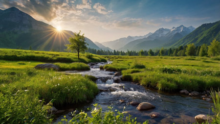 Mountain river in the mountains at sunset. Beautiful summer landscape.の写真素材
