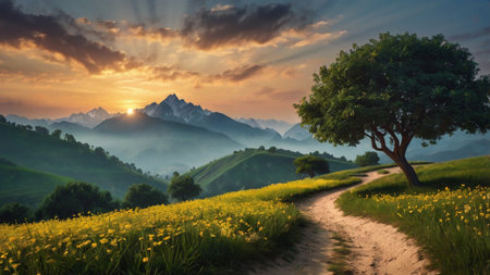 Sunset in Tuscany, Italy. Panoramic view of the meadows and mountains.の写真素材