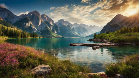 Panoramic view of the lake in the Dolomites, Italy